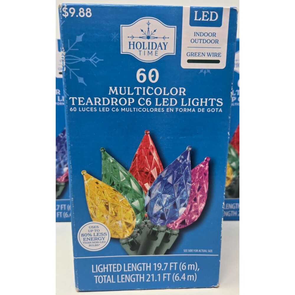 Holiday Time 60 Multicolor Teardrop C6 LED Christmas Lights Green Wire Faceted